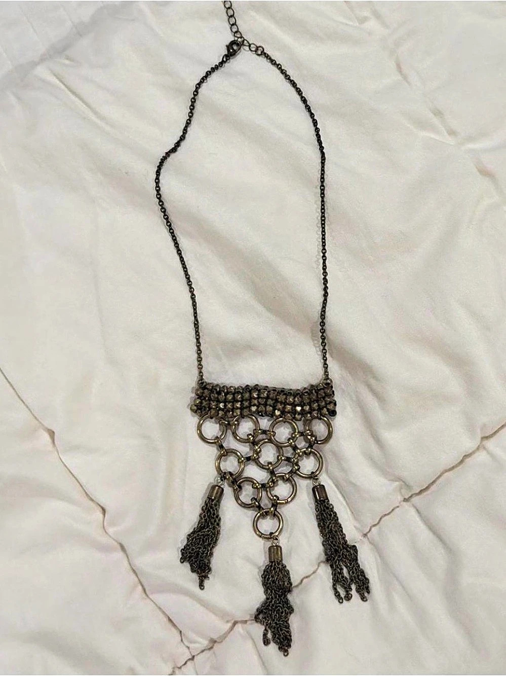 Silver & black necklace with chain and tassels
